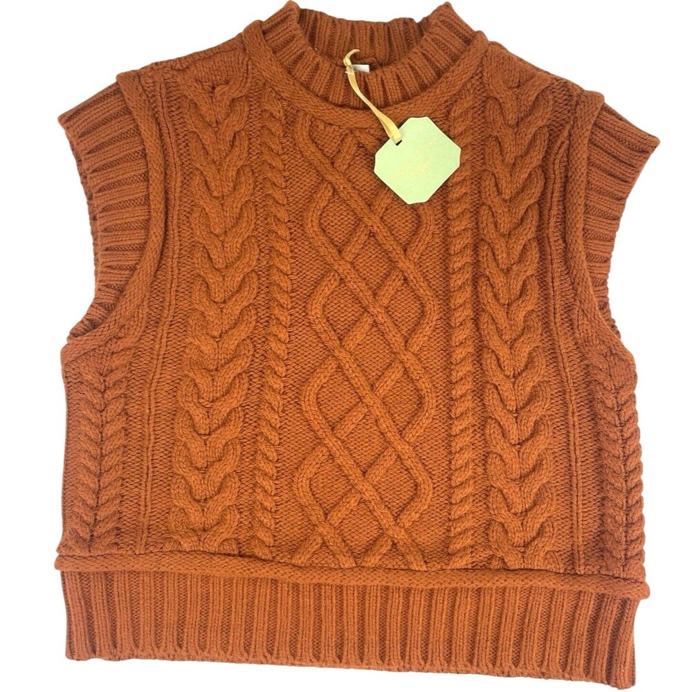 NWT RYEGRASS Cable Knit Burnt Orange  Fisherman High Neck Sweater Vest S FLAW